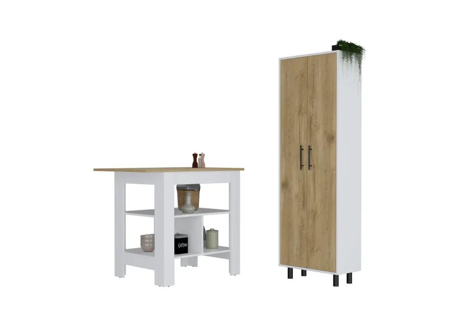 Bowie 2 Piece Kitchen Set, Kitchen Island + Pantry Cabinet, White / Light Oak