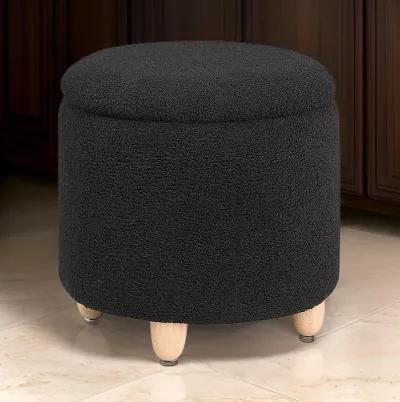 Aia 18 Inch Storage Ottoman, Black Faux Sheepskin, Round Rubberwood Feet - Benzara