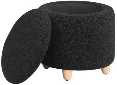 Aia 18 Inch Storage Ottoman, Black Faux Sheepskin, Round Rubberwood Feet - Benzara