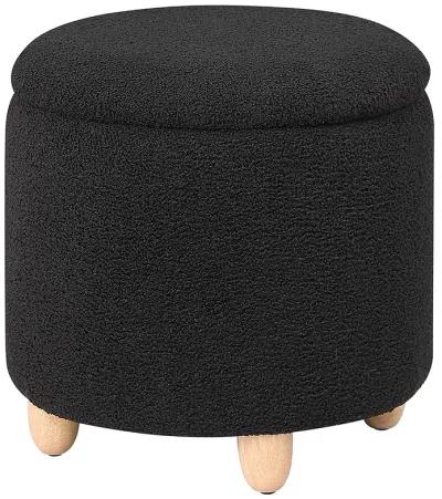 Aia 18 Inch Storage Ottoman, Black Faux Sheepskin, Round Rubberwood Feet - Benzara