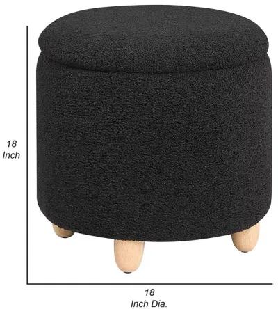 Aia 18 Inch Storage Ottoman, Black Faux Sheepskin, Round Rubberwood Feet - Benzara