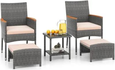 5 Pieces Patio Conversation Set with Soft Cushions and Ottomans-Beige