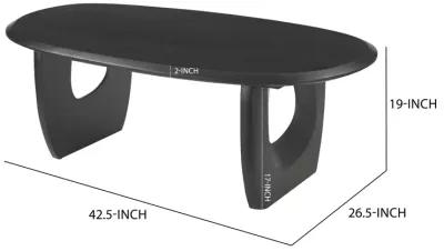 43 Inch Coffee Table, Handcrafted Acacia Wood, Cut Out Rounded Panel Legs, Black - Benzara