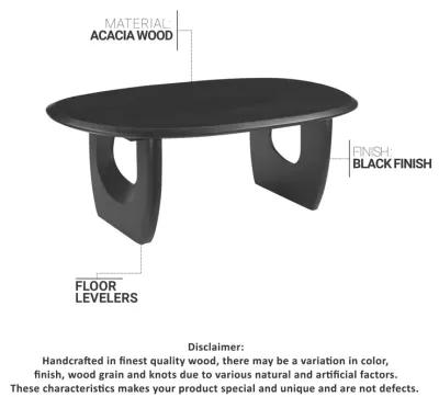 43 Inch Coffee Table, Handcrafted Acacia Wood, Cut Out Rounded Panel Legs, Black - Benzara