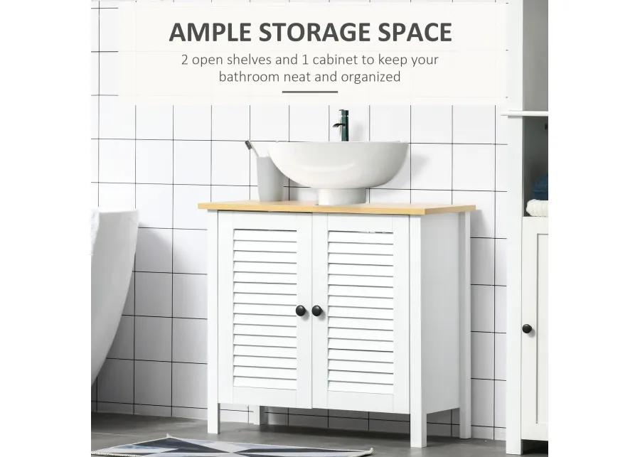 White Under-Sink Storage: Double Layer 2-Door Bathroom Floor Cabinet