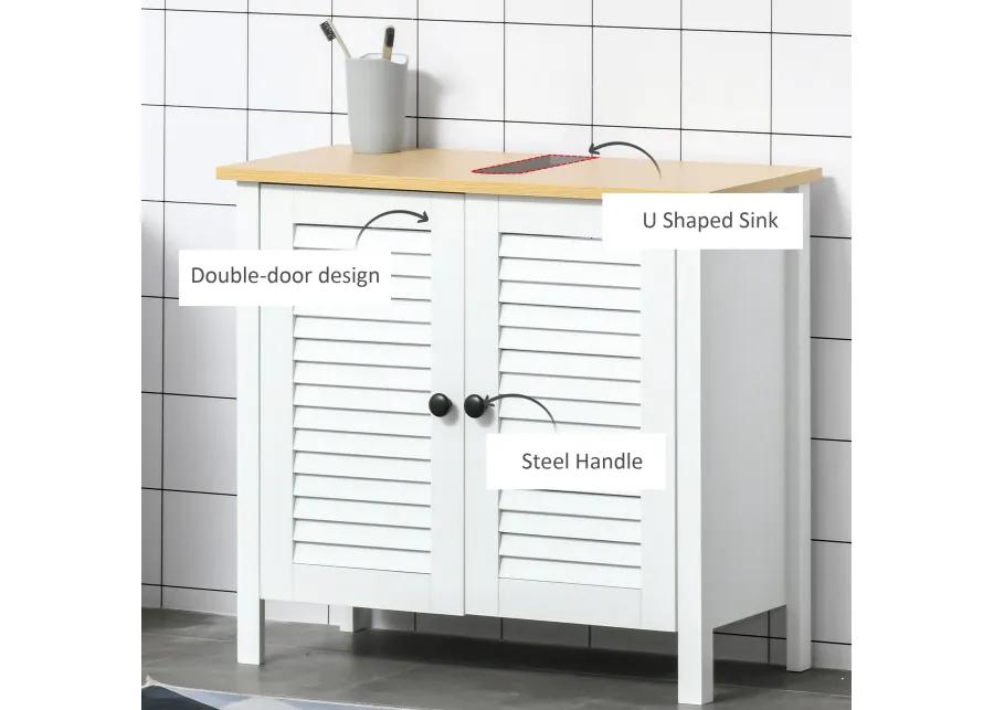 White Under-Sink Storage: Double Layer 2-Door Bathroom Floor Cabinet