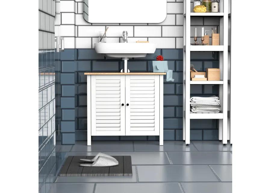 White Under-Sink Storage: Double Layer 2-Door Bathroom Floor Cabinet