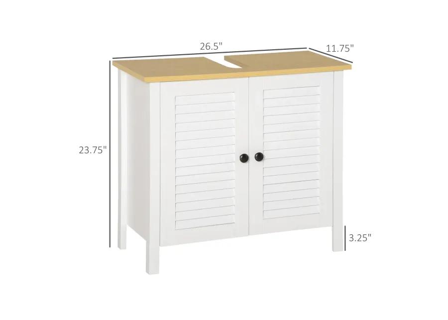 White Under-Sink Storage: Double Layer 2-Door Bathroom Floor Cabinet