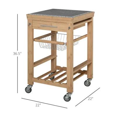 Natural/Granite Prep Station: Rolling Kitchen Cart with Wine Rack