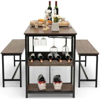 3 Pieces Dining Table Set for 4 with Wine Rack-Brown