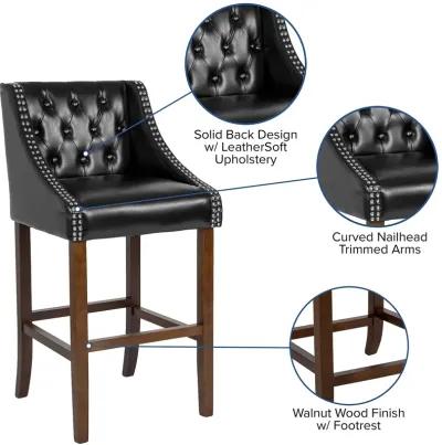 Flash Furniture Carmel Series 30" High Transitional Tufted Walnut Barstool with Accent Nail Trim in Black LeatherSoft