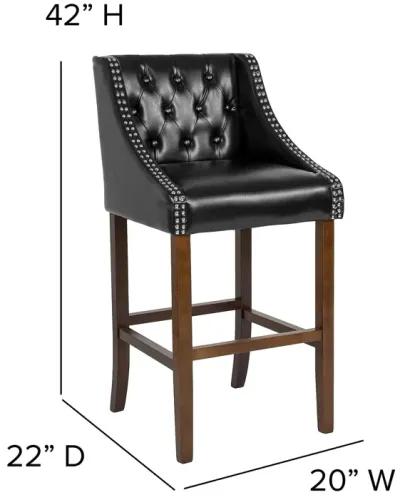 Flash Furniture Carmel Series 30" High Transitional Tufted Walnut Barstool with Accent Nail Trim in Black LeatherSoft