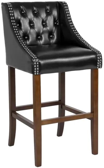 Flash Furniture Carmel Series 30" High Transitional Tufted Walnut Barstool with Accent Nail Trim in Black LeatherSoft