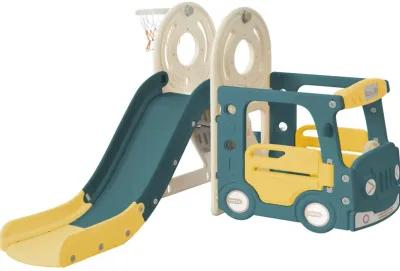 Kids Slide with Bus Play Structure, Freestanding Bus Toy with Slide for Toddlers, Bus Slide Set with Basketball Hoop