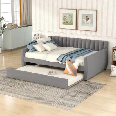 Upholstered Daybed with Trundle and Wood Slat Support