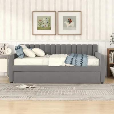 Upholstered Daybed with Trundle and Wood Slat Support