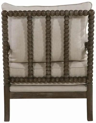 Cushioned Back Fabric Upholstered Spindle Accent Chair, Beige and Brown-Benzara