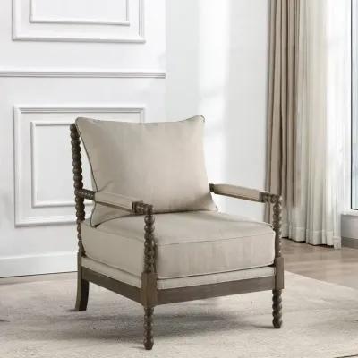 Cushioned Back Fabric Upholstered Spindle Accent Chair, Beige and Brown-Benzara