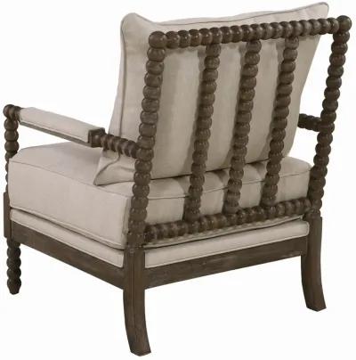 Cushioned Back Fabric Upholstered Spindle Accent Chair, Beige and Brown-Benzara