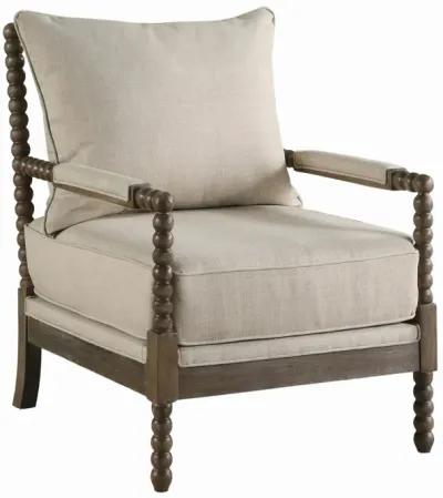 Cushioned Back Fabric Upholstered Spindle Accent Chair, Beige and Brown-Benzara