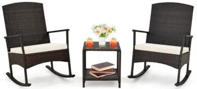 Hivvago 3 Piece Patio Rocking Set Wicker Rocking Chairs with 2-Tier Coffee Table