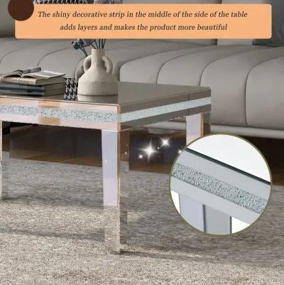 Fashionable Modern Glass Mirrored Coffee Table - Cocktail Table with Crystal Design