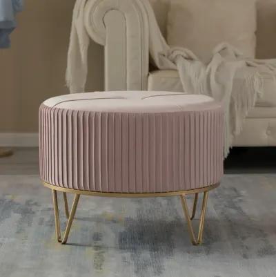 Round Velvet Ottoman Stool Raised with Hairpin Gold Base, Pink, Large