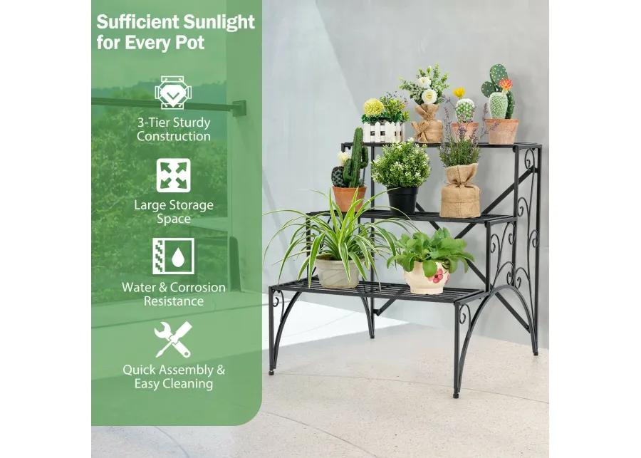 3-Tier Metal Plant Stand with Widened Grid Shelf for Porch Garden-Black