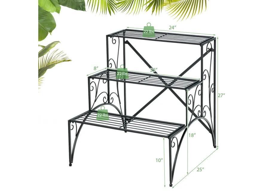 3-Tier Metal Plant Stand with Widened Grid Shelf for Porch Garden-Black