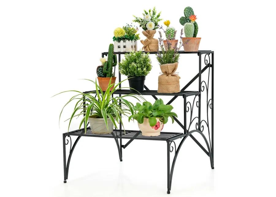 3-Tier Metal Plant Stand with Widened Grid Shelf for Porch Garden-Black