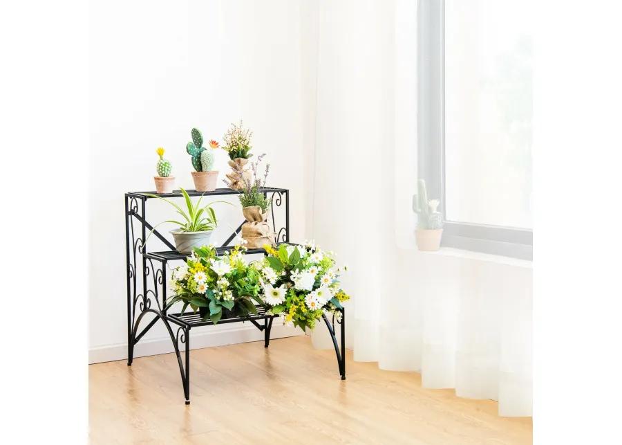 3-Tier Metal Plant Stand with Widened Grid Shelf for Porch Garden-Black