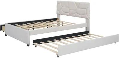 Merax Upholstered Platform Bed with Brick Pattern Headboard, with Twin XL Size Trundle and 2 drawers, Linen Fabric