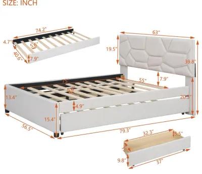 Merax Upholstered Platform Bed with Brick Pattern Headboard, with Twin XL Size Trundle and 2 drawers, Linen Fabric