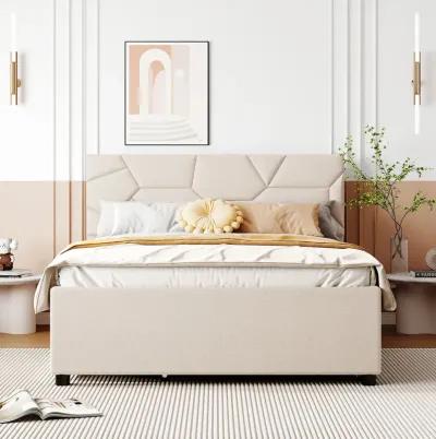 Merax Upholstered Platform Bed with Brick Pattern Headboard, with Twin XL Size Trundle and 2 drawers, Linen Fabric