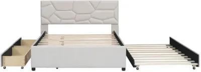 Merax Upholstered Platform Bed with Brick Pattern Headboard, with Twin XL Size Trundle and 2 drawers, Linen Fabric