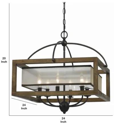 6 Bulb Square Chandelier with Wooden Frame and Organza Striped Shade, Brown-Benzara