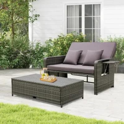 Hivvago Wicker Loveseat Sofa with Multipurpose Ottoman and Retractable Side Tray-Gray