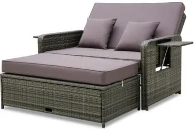 Hivvago Wicker Loveseat Sofa with Multipurpose Ottoman and Retractable Side Tray-Gray