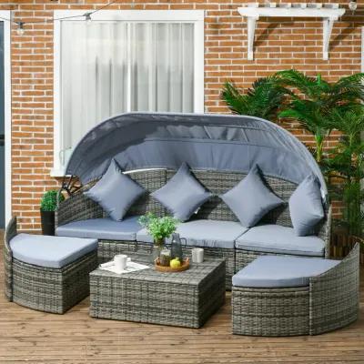 Light Grey Outdoor Lounge: Rattan Daybed with Canopy & Sectional Design