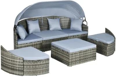 Light Grey Outdoor Lounge: Rattan Daybed with Canopy & Sectional Design