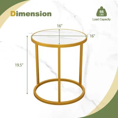 Marble Top Round Side Table 16-Inch End Table with Golden Metal Frame - 1 Piece