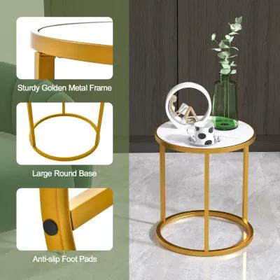 Marble Top Round Side Table 16-Inch End Table with Golden Metal Frame - 1 Piece