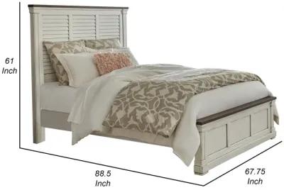 Ola Queen Panel Bed, Shutter Style Headboard, Molded Trim, White and Brown - Benzara