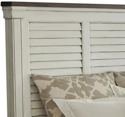 Ola Queen Panel Bed, Shutter Style Headboard, Molded Trim, White and Brown - Benzara