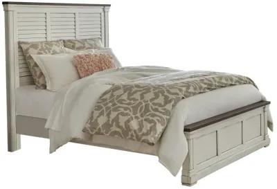 Ola Queen Panel Bed, Shutter Style Headboard, Molded Trim, White and Brown - Benzara