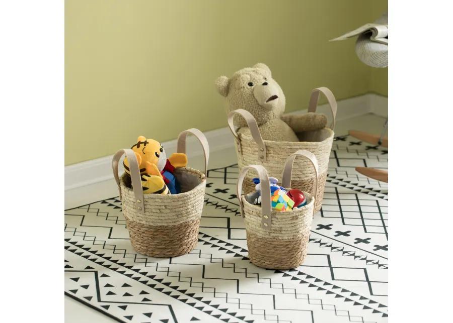 Decorative Brown Corn Rope-Straw Round Storage Basket Set of 3 with Rope Handles