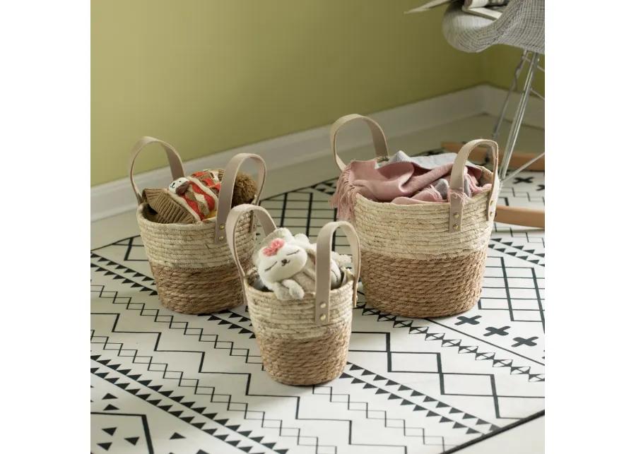 Decorative Brown Corn Rope-Straw Round Storage Basket Set of 3 with Rope Handles