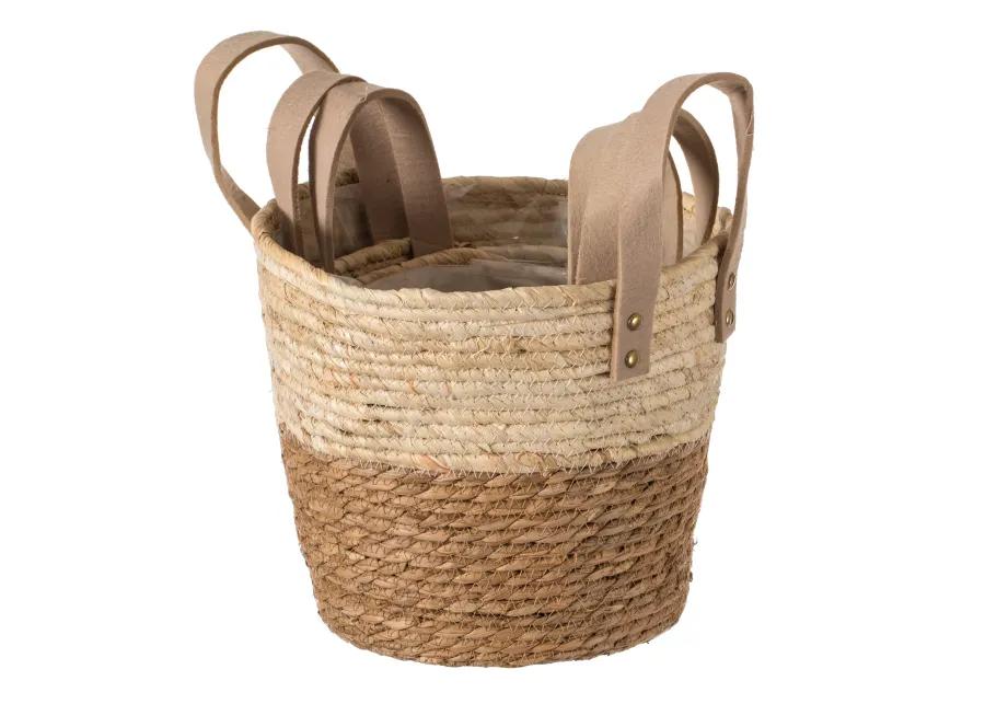 Decorative Brown Corn Rope-Straw Round Storage Basket Set of 3 with Rope Handles