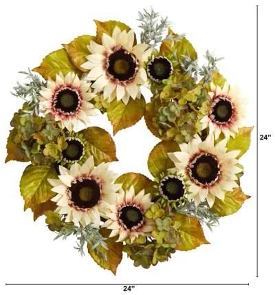 HomPlanti 24" White Sunflower and Hydrangea Artificial Autumn Wreath