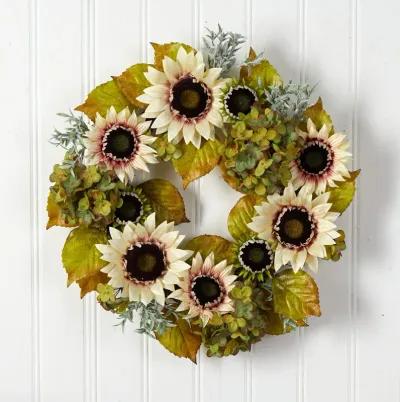 HomPlanti 24" White Sunflower and Hydrangea Artificial Autumn Wreath